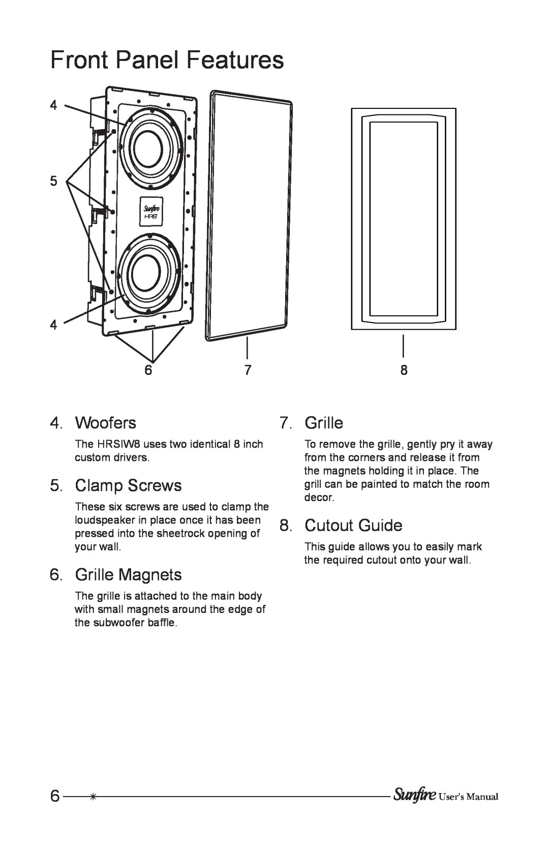 Sunfire HRSIW8 user manual Front Panel Features, Woofers, Clamp Screws, Grille Magnets, Cutout Guide 