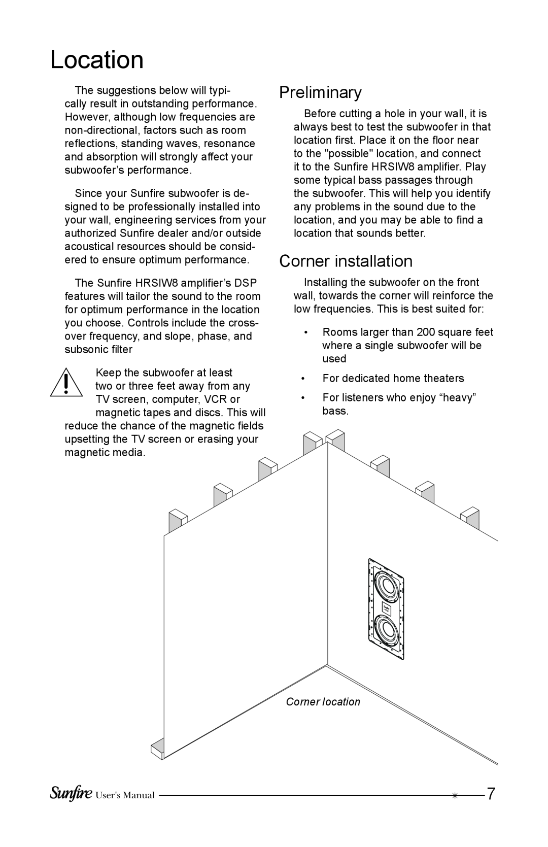 Sunfire HRSIW8 user manual Location, Preliminary, Corner installation, Corner location 