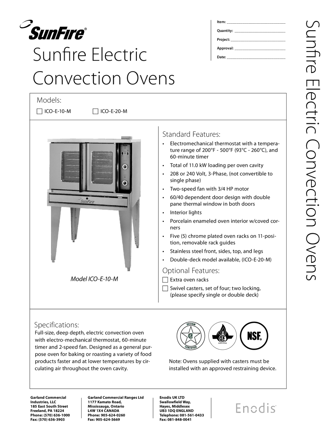 Sunfire ICO-E-20-M, ICO-E-10-M specifications Sunfire, Models, Standard Features, Optional Features, Specifications 