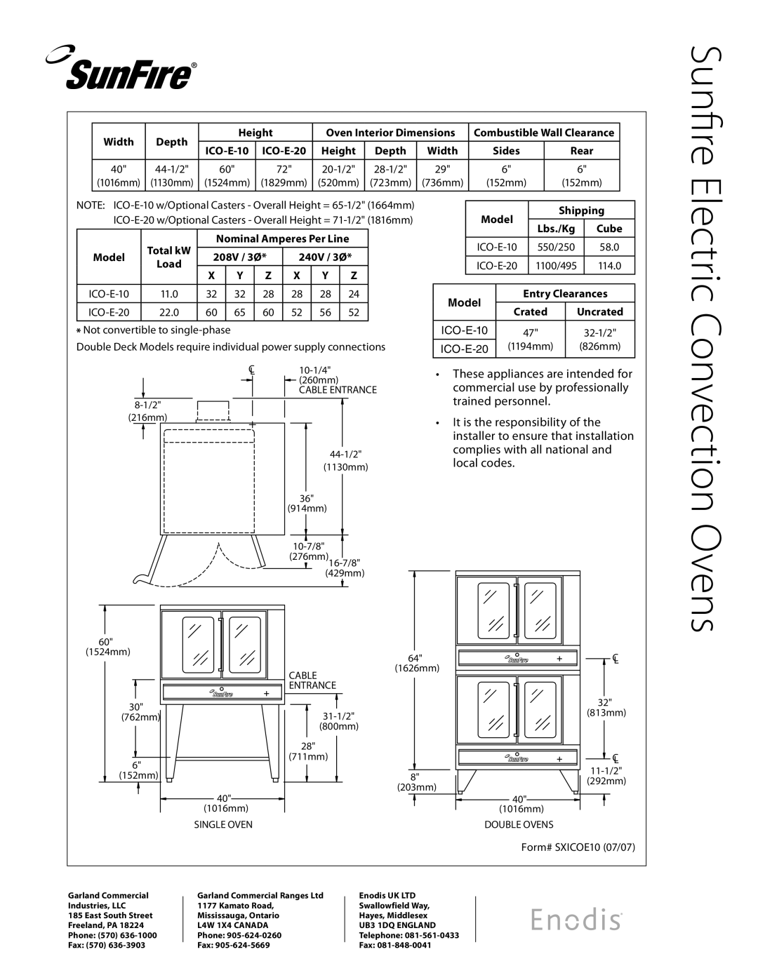 Sunfire ICO-E-10-M, ICO-E-20-M specifications Electric, Convection Ovens 