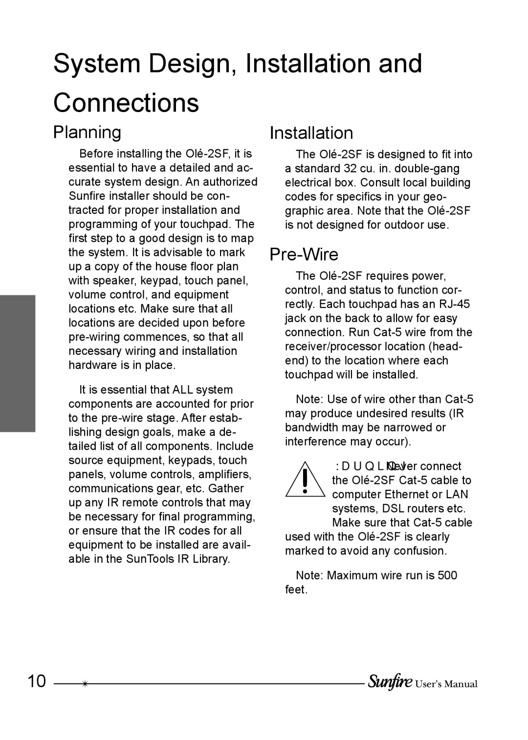 Sunfire OLE-2SF manual System Design, Installation and Connections, Planning, Pre-Wire 