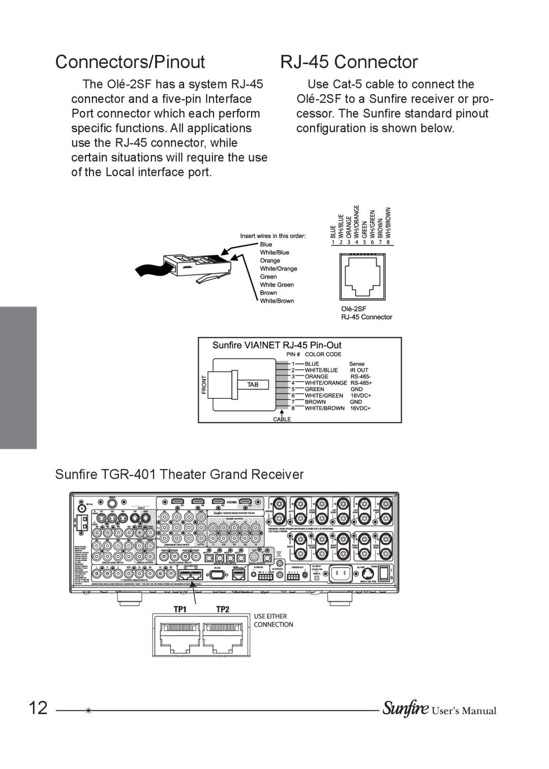 Sunfire OLE-2SF manual Connectors/Pinout, RJ-45 Connector 