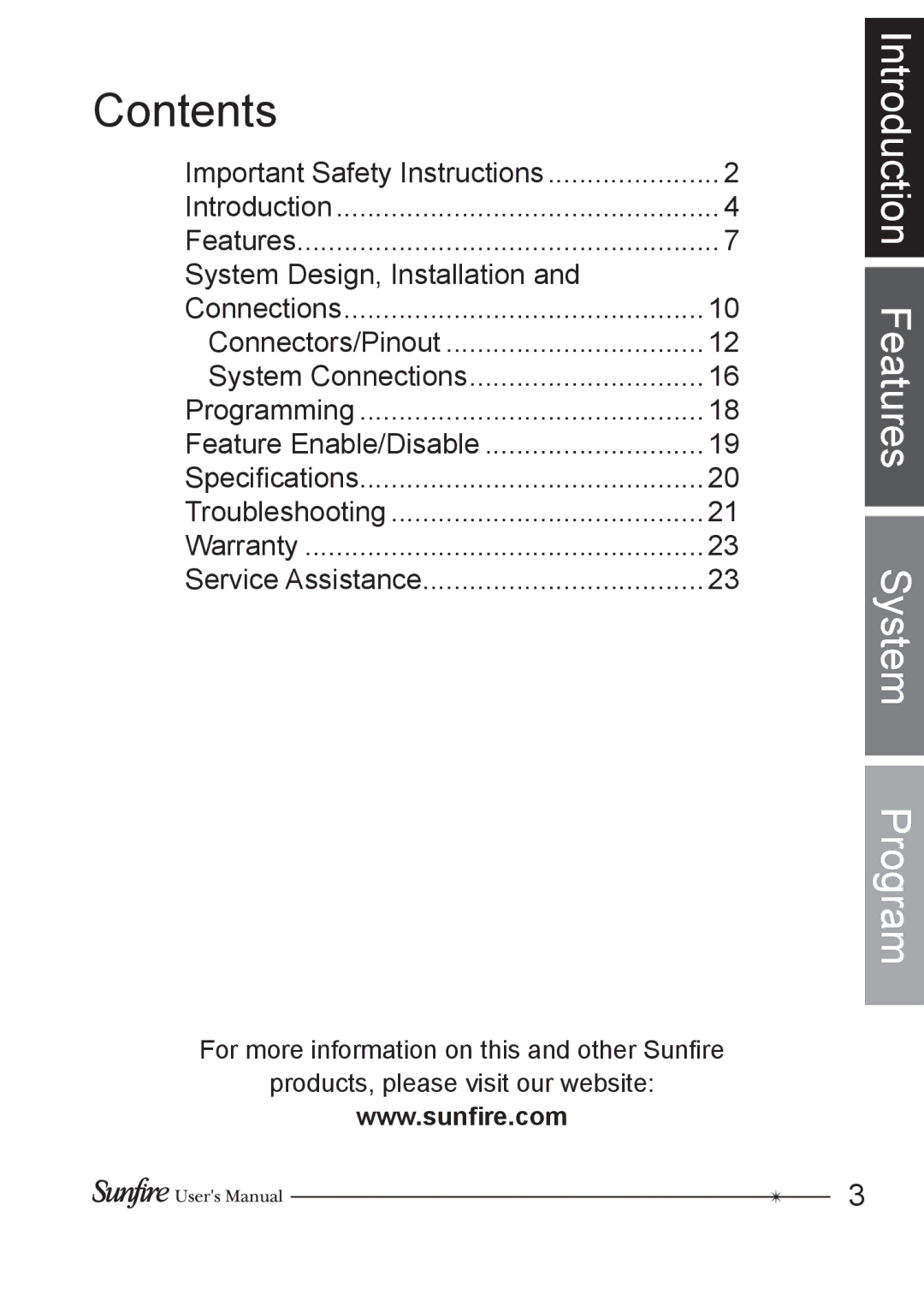 Sunfire OLE-2SF manual Contents 