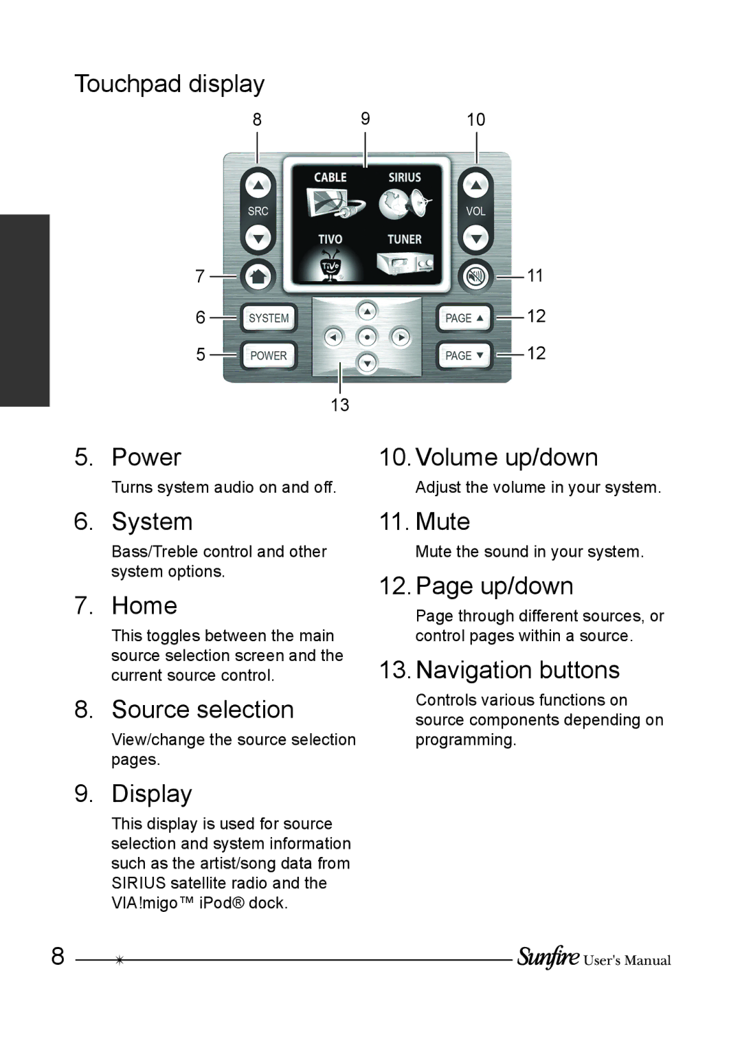 Sunfire OLE-2SF Touchpad display Power, System, Home, Source selection, Volume up/down, Mute, Up/down, Navigation buttons 