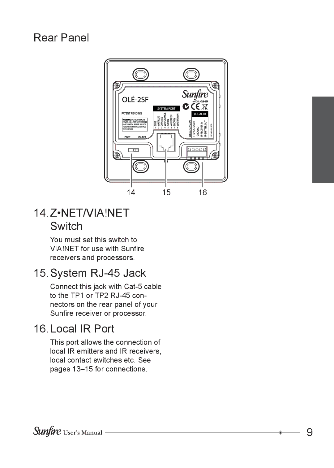 Sunfire OLE-2SF manual Rear Panel, Switch, System RJ-45 Jack, Local IR Port 