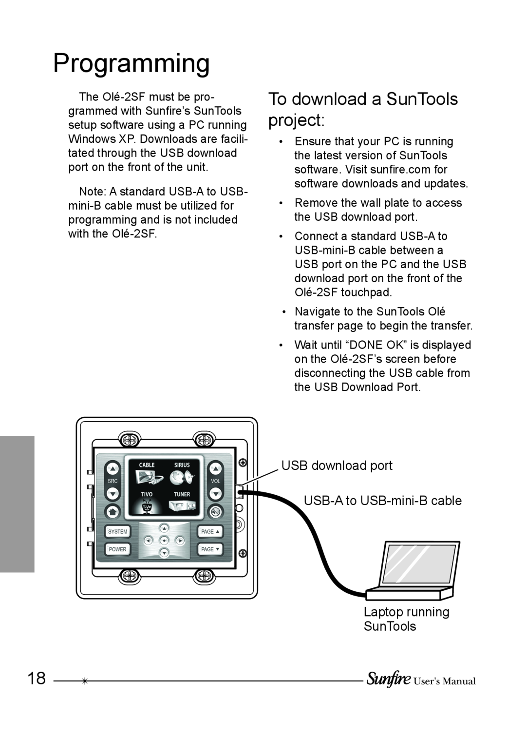 Sunfire OLE-2SF manual Programming, To download a SunTools project, USB download port USB-Ato USB-mini-Bcable 