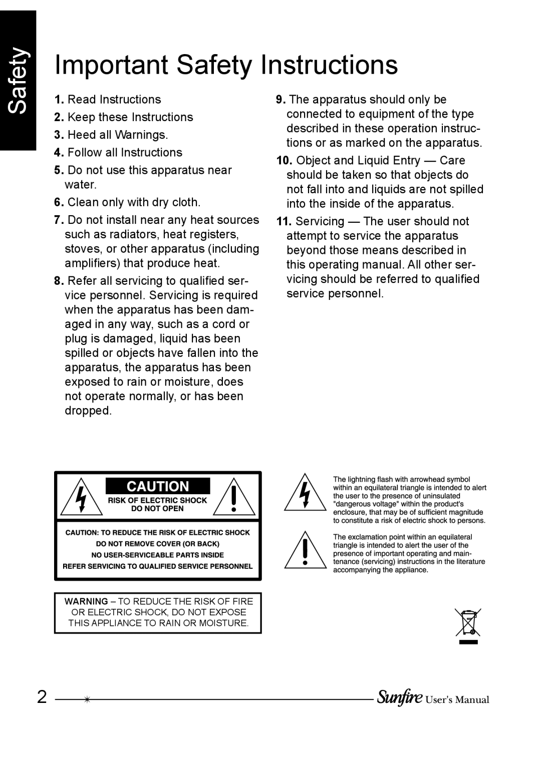Sunfire OLE-2SF manual Important Safety Instructions 