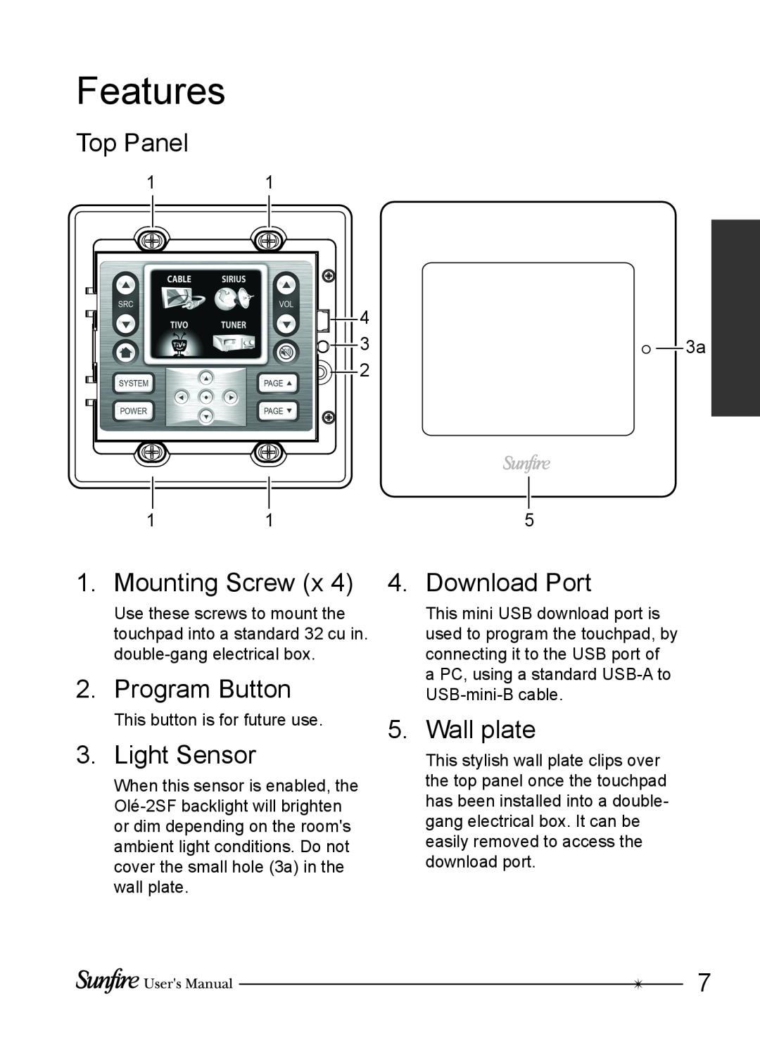 Sunfire OLE-2SF Features, Top Panel, Mounting Screw, Program Button, Light Sensor, Download Port, Wall plate, 11 4 3 3a 