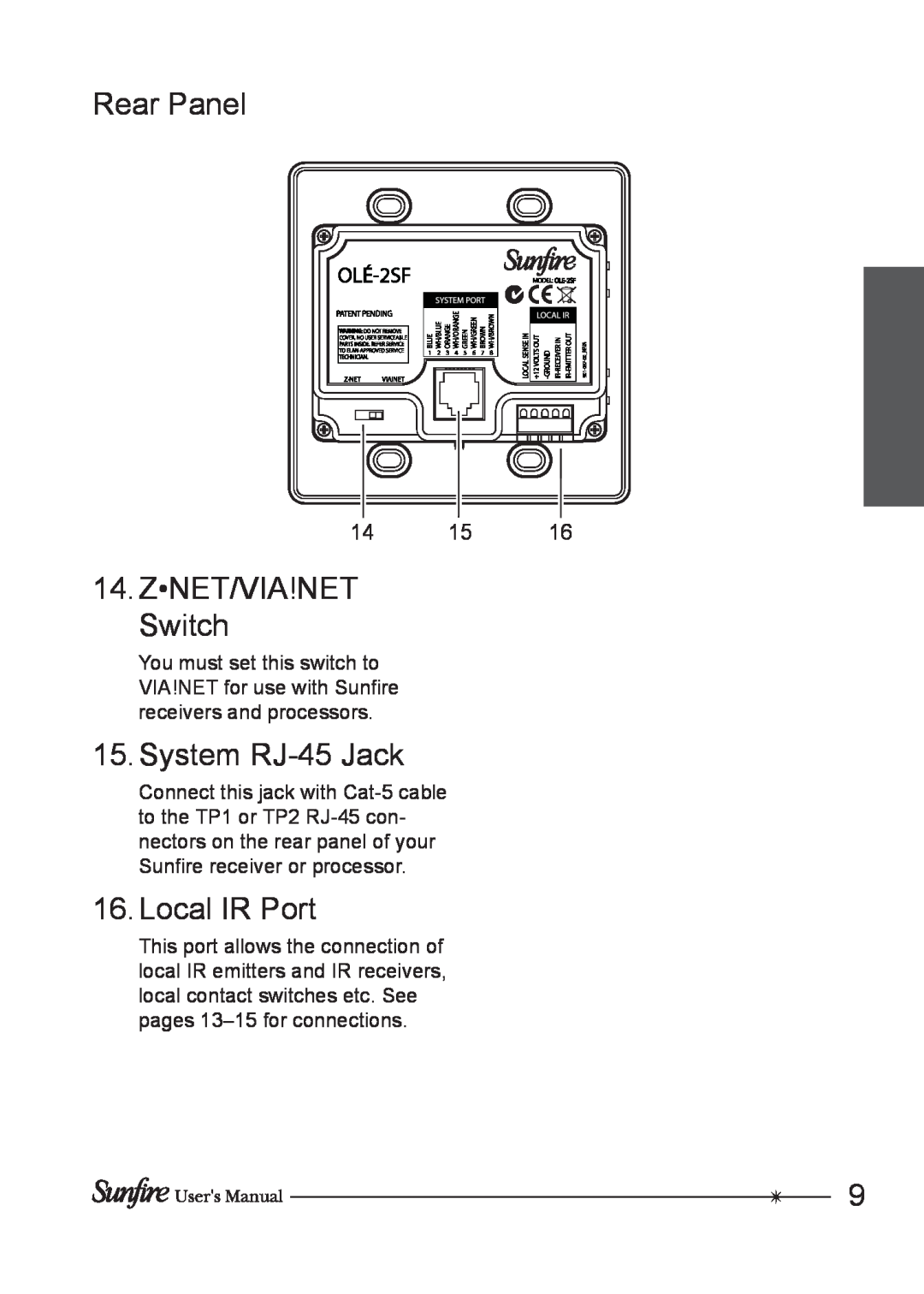 Sunfire OLE-2SF manual Rear Panel, Z NET/VIA!NET Switch, System RJ-45Jack, Local IR Port 