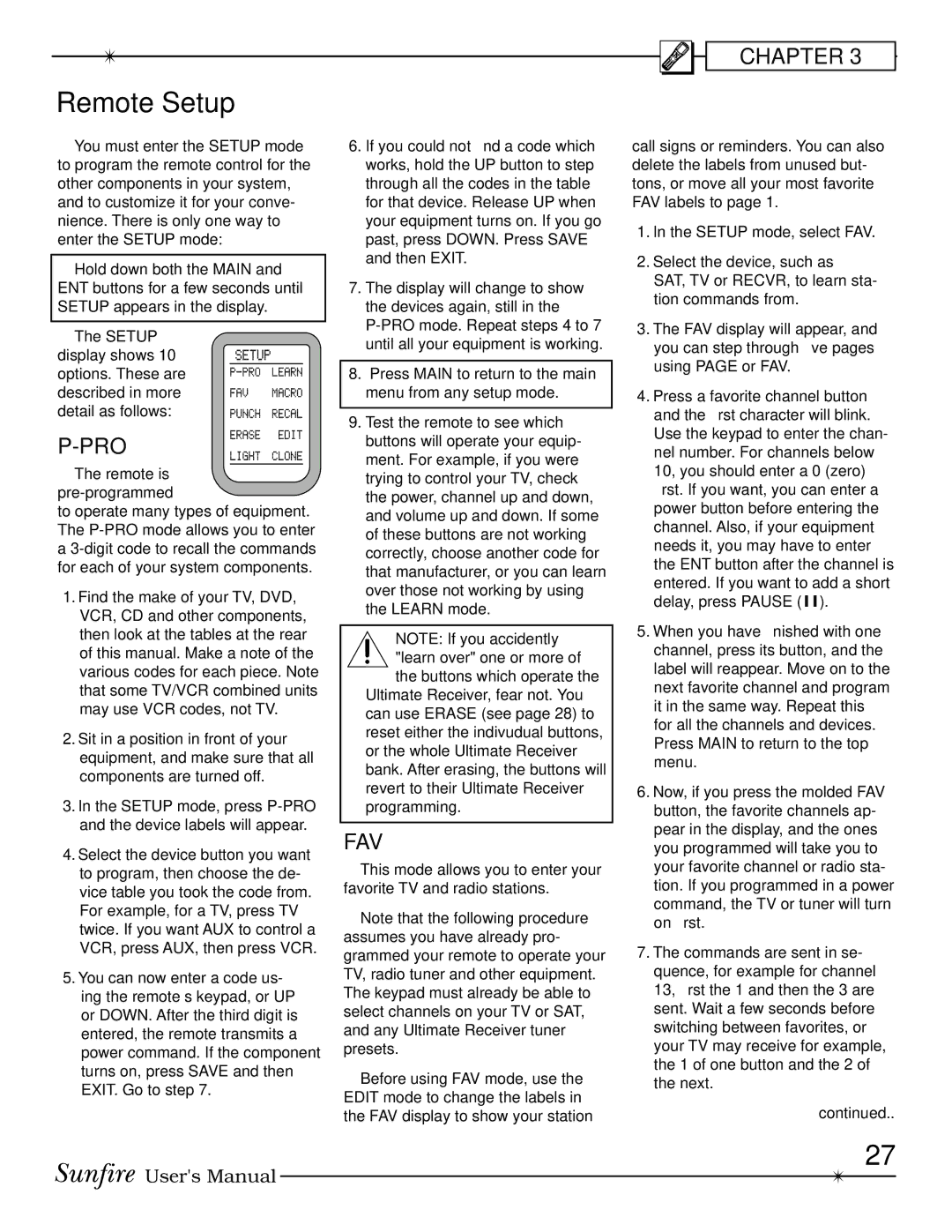 Sunfire Radio manual Remote Setup, Pro 