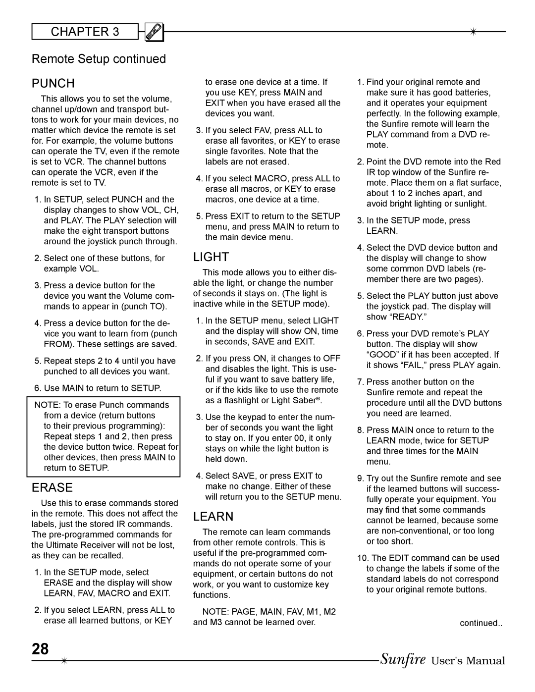 Sunfire Radio manual Remote Setup, Learn 