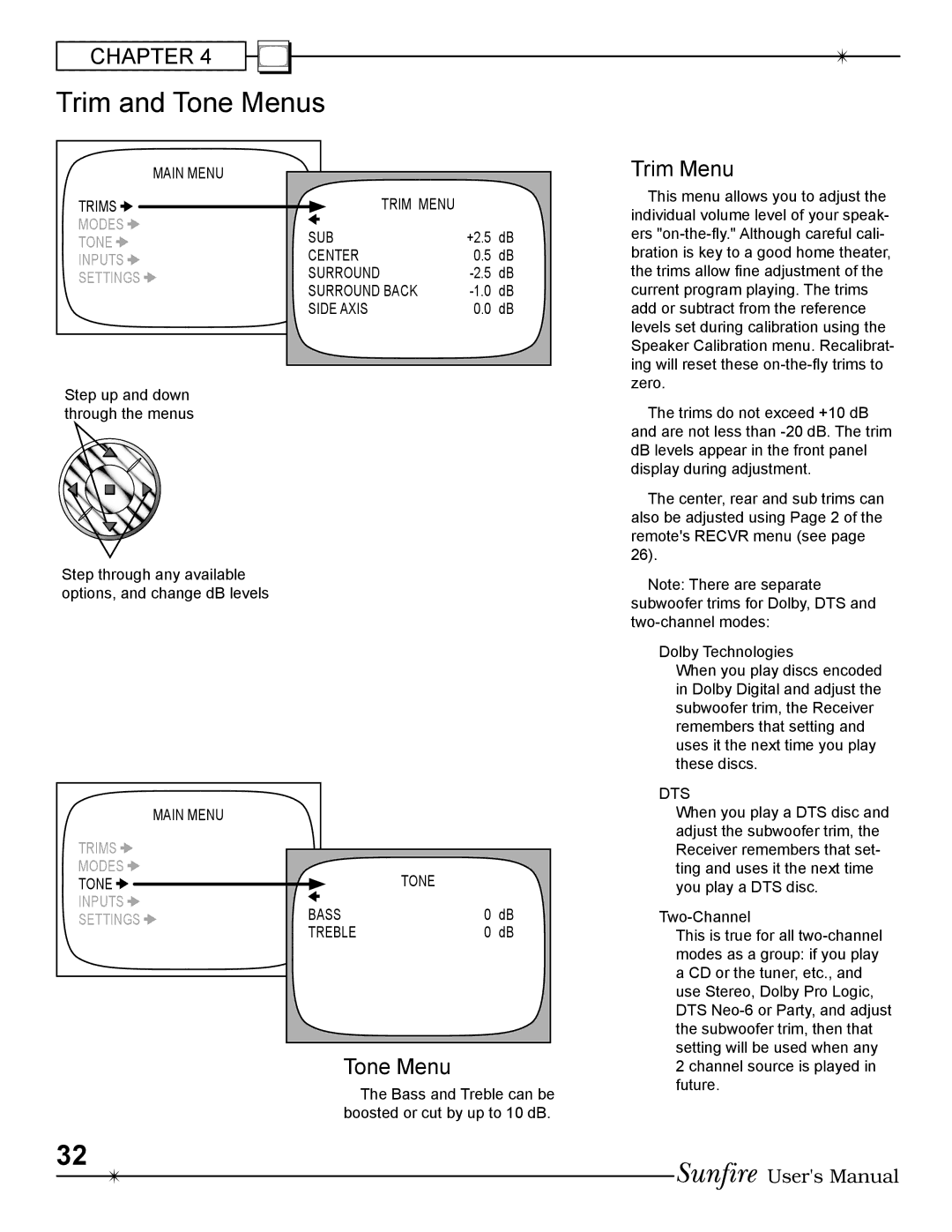 Sunfire Radio manual Trim and Tone Menus, Trim Menu 