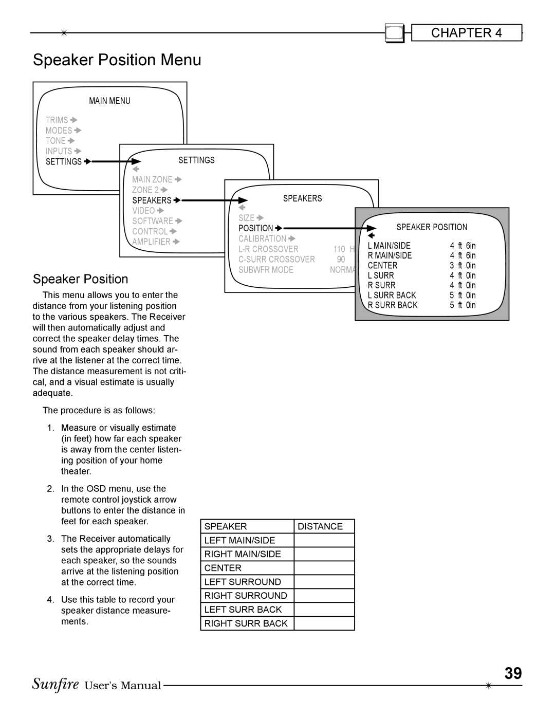 Sunfire Radio manual Speaker Position Menu 