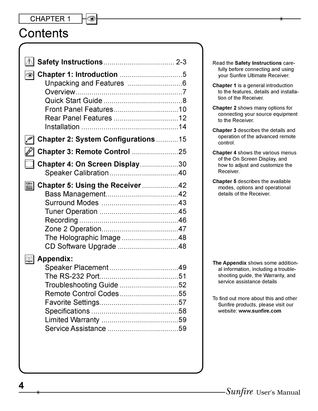 Sunfire Radio manual Contents 