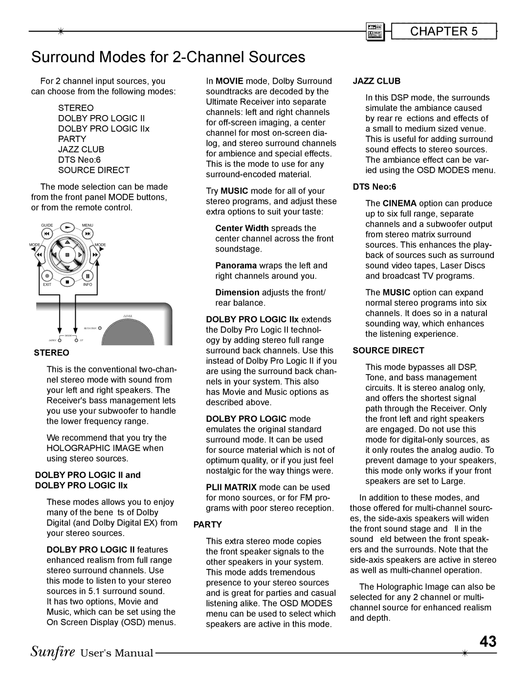 Sunfire Radio manual Surround Modes for 2-Channel Sources, Dolby PRO Logic II, DTS Neo6 