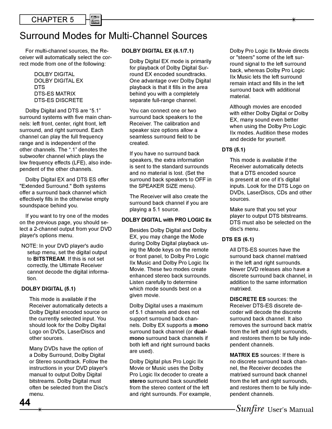Sunfire Radio manual Surround Modes for Multi-Channel Sources, Dolby Digital with PRO Logic, Dts Es 