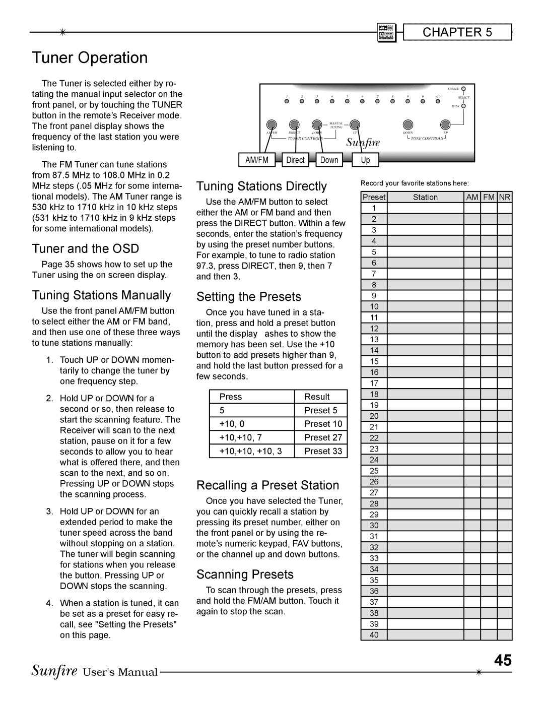 Sunfire Radio manual Tuner Operation 