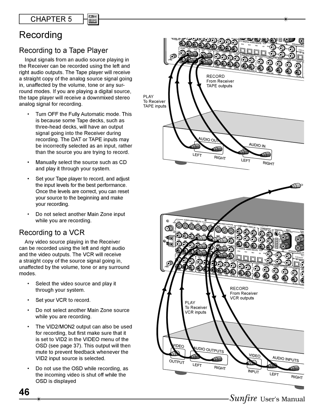 Sunfire Radio manual Recording to a Tape Player, Recording to a VCR 