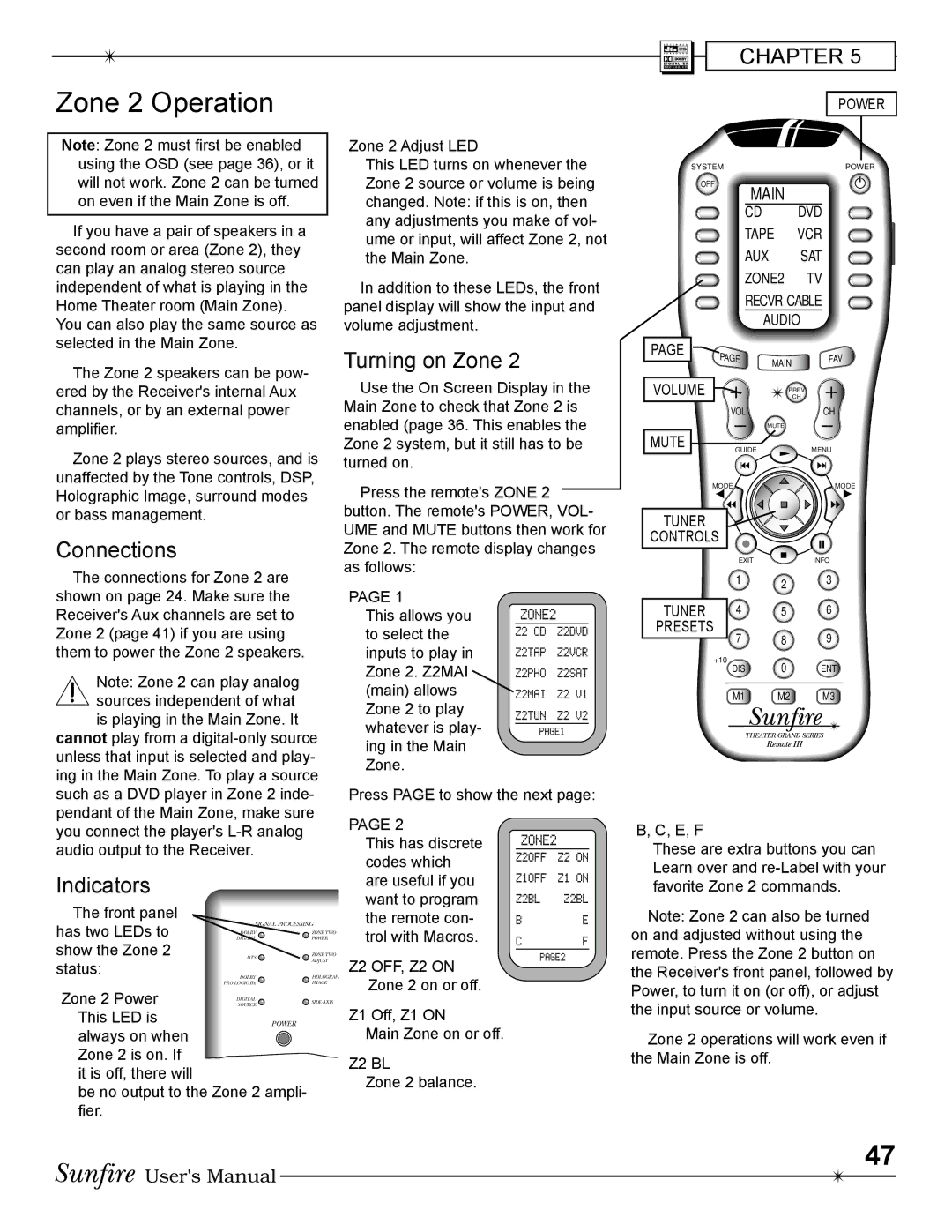 Sunfire Radio manual Zone 2 Operation, Turning on Zone, Connections, Indicators 