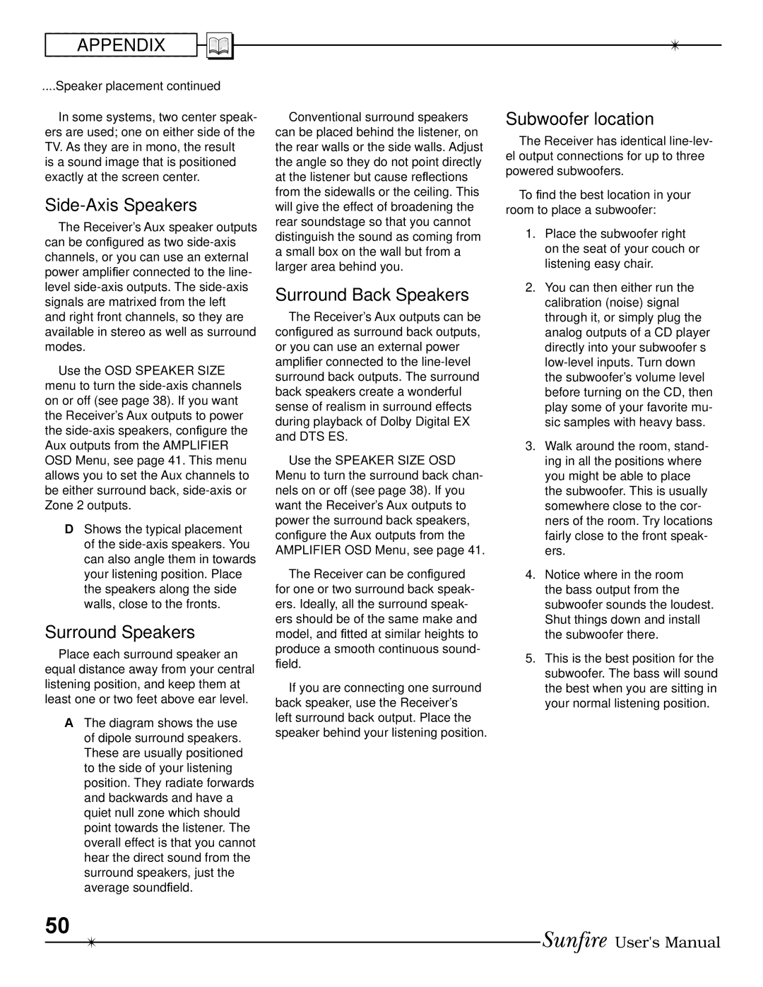 Sunfire Radio manual Side-Axis Speakers, Surround Speakers, Surround Back Speakers, Subwoofer location 