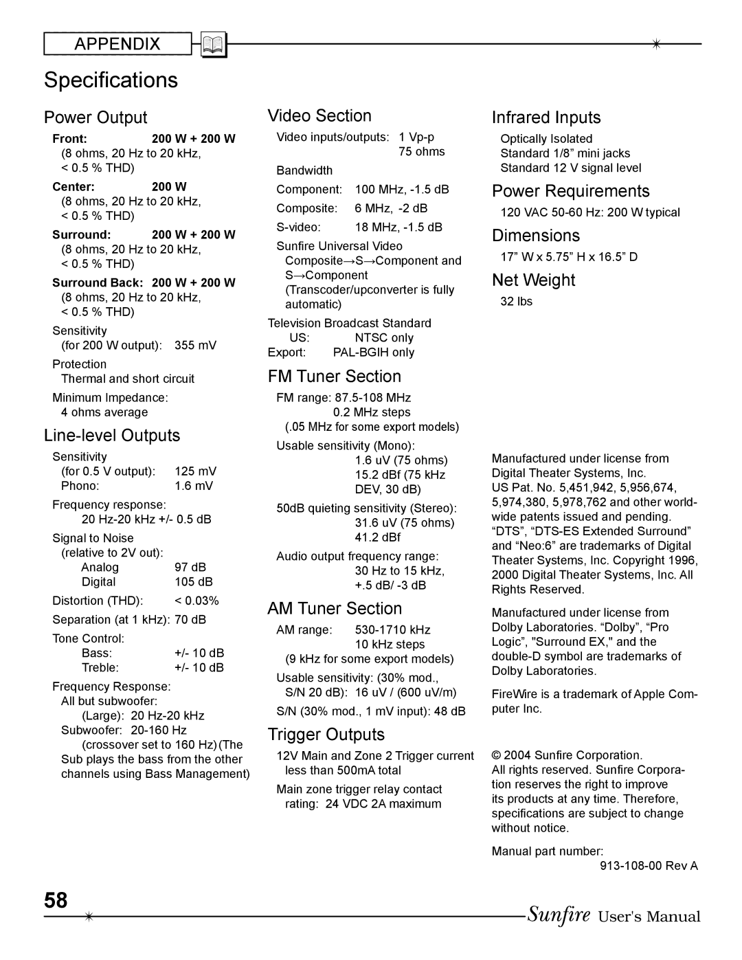 Sunfire Radio manual SpeciÞcations 