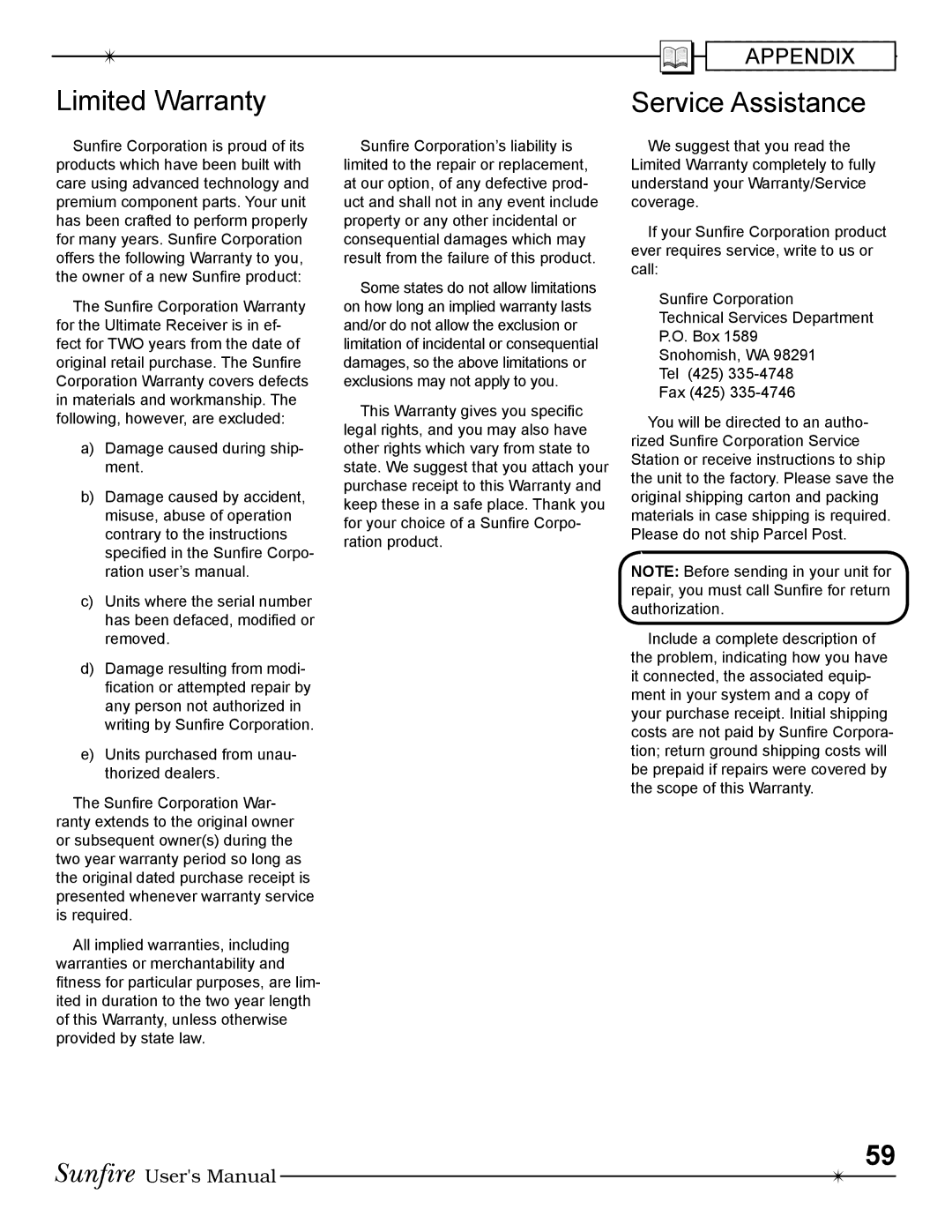 Sunfire Radio manual Limited Warranty, Service Assistance 