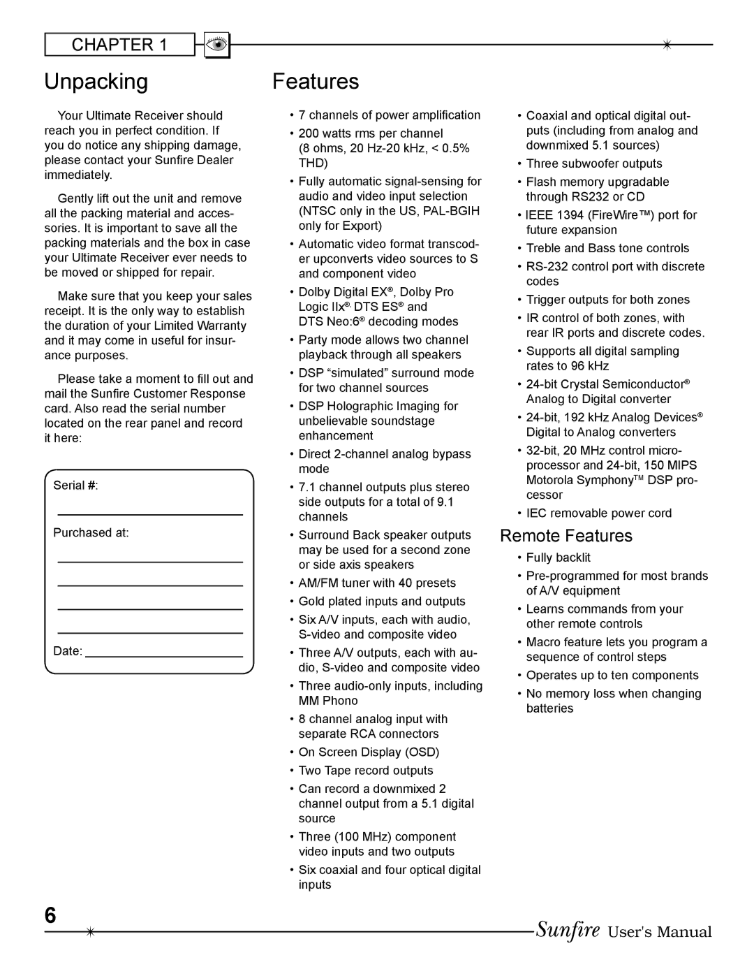 Sunfire Radio manual Unpacking, Remote Features 