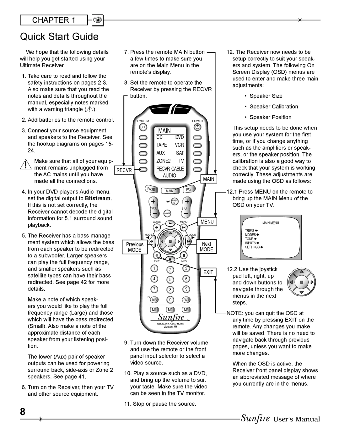 Sunfire Radio manual Quick Start Guide, Recvr, Mode, Exit 