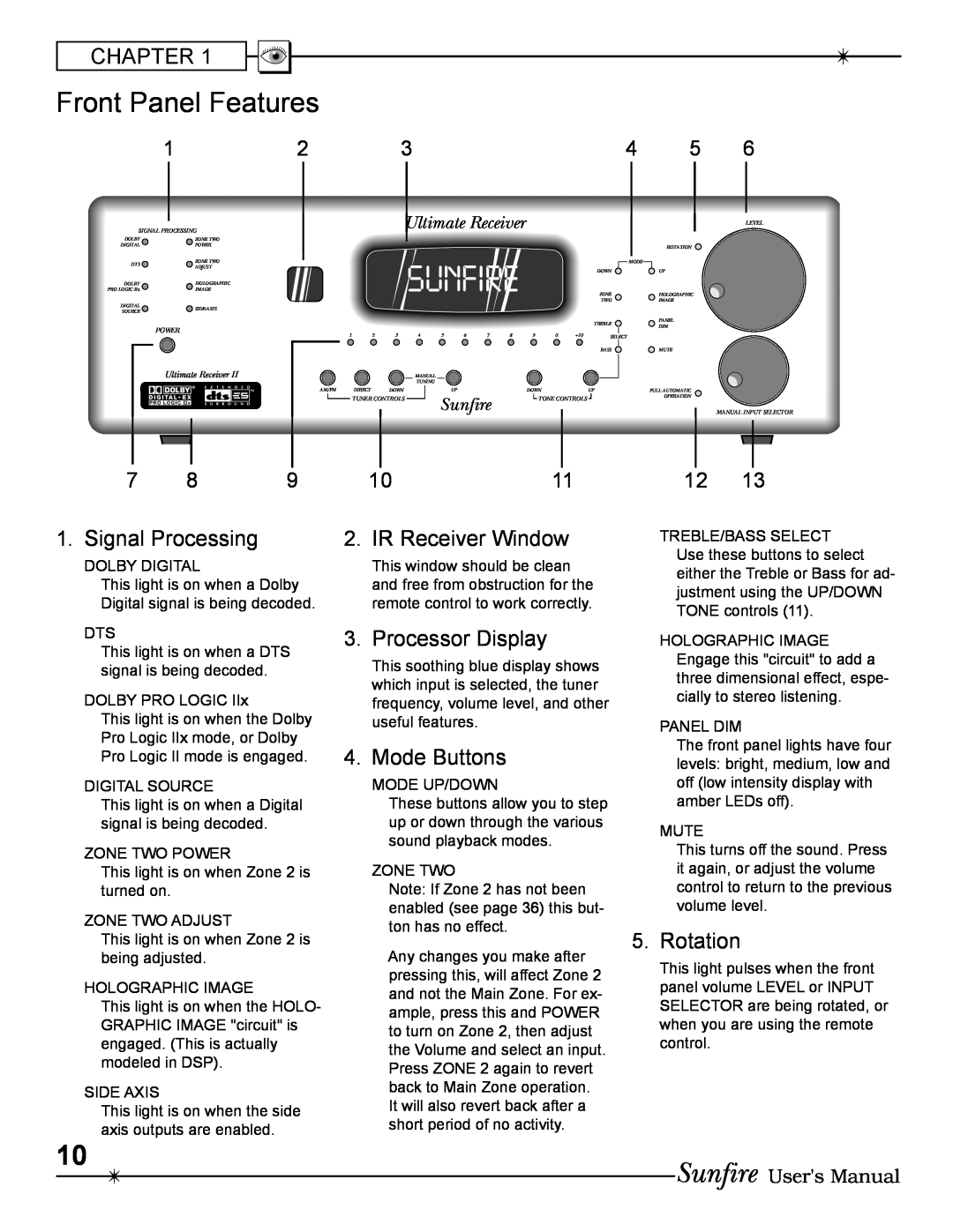 Sunfire Radio manual Front Panel Features 