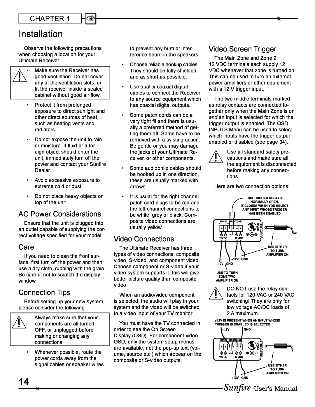 Sunfire Radio manual Installation, Chapter, AC Power Considerations, Care, Connection Tips, Video Connections 