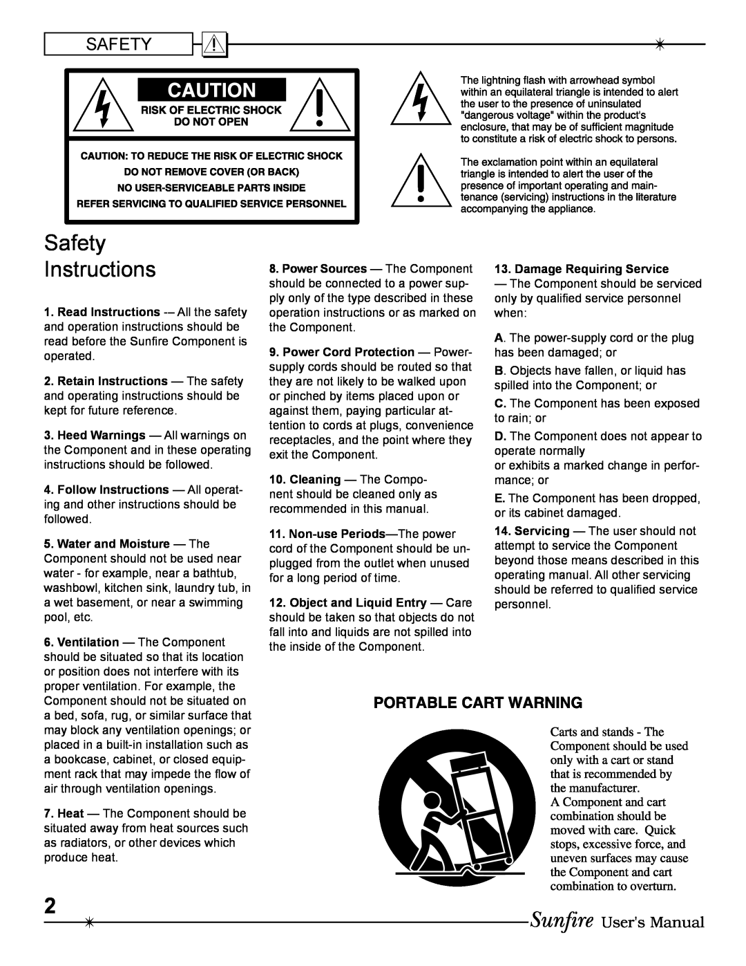 Sunfire Radio manual Safety, Instructions 