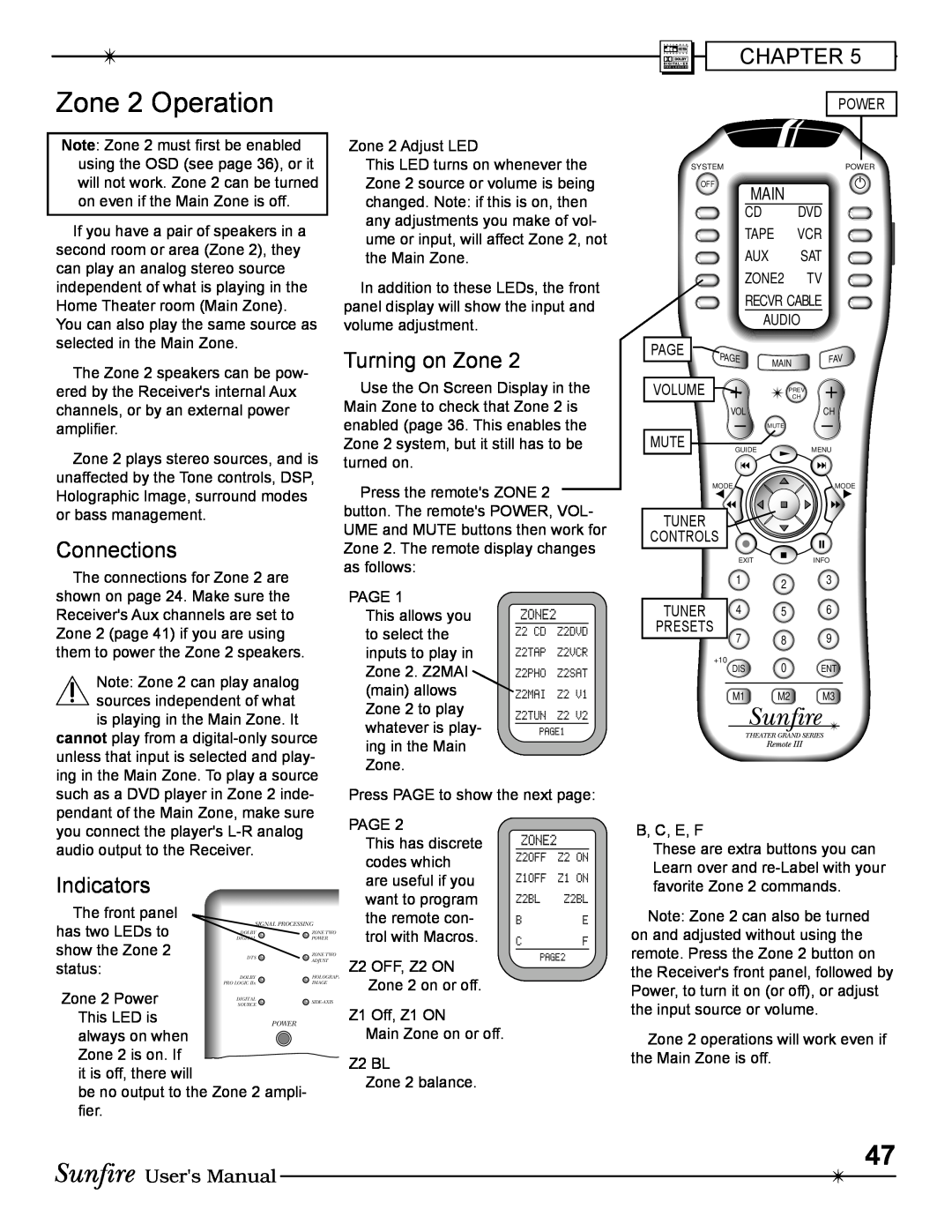 Sunfire Radio manual Zone 2 Operation, Turning on Zone, Connections, Indicators, Chapter, Main 