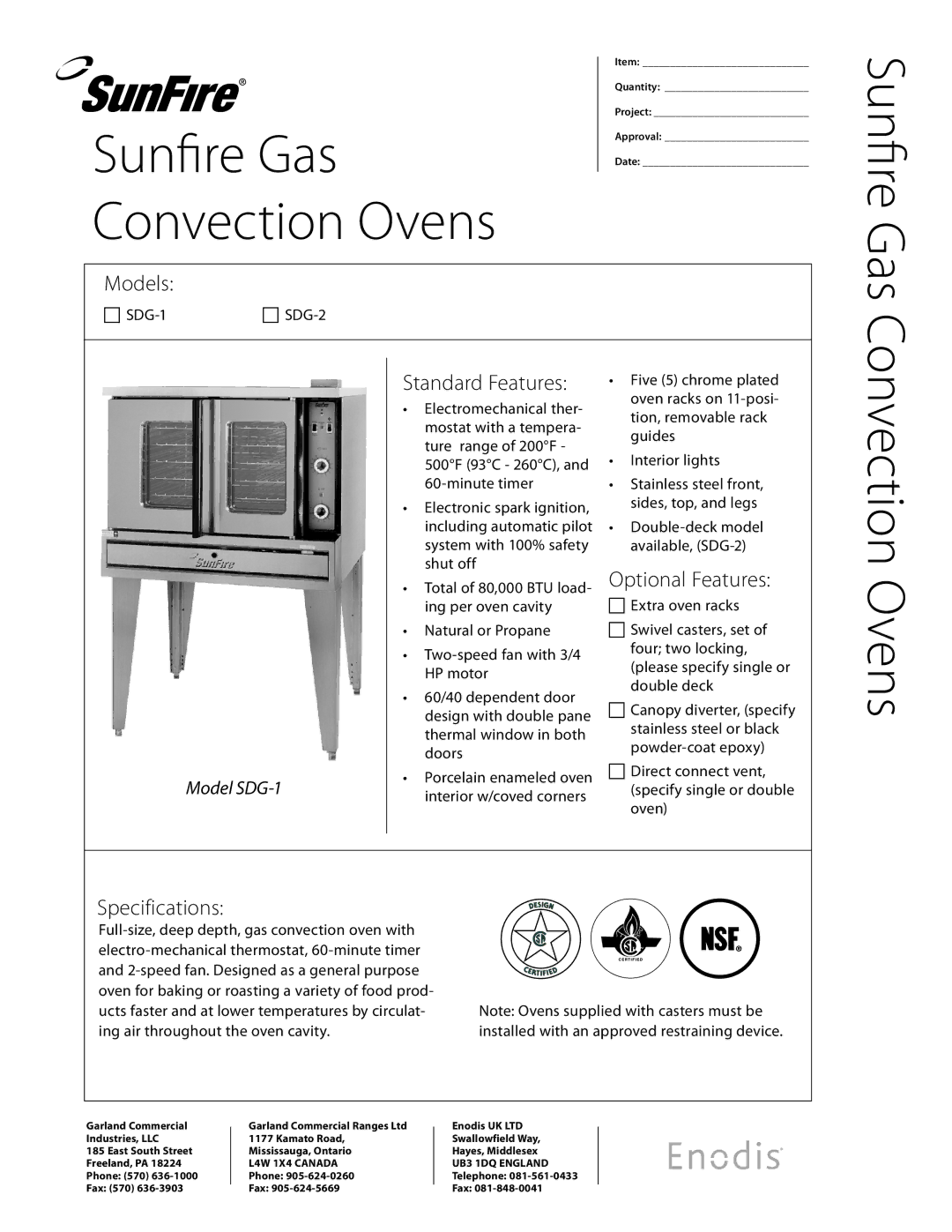 Sunfire SDG-2, SDG-1 specifications Convection Ovens, Models, Standard Features, Optional Features, Specifications 