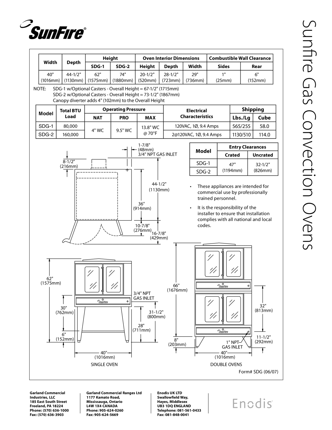 Sunfire SDG-1, SDG-2 specifications Sunfire Gas, Shipping, Lbs./Lg Cube, Model 