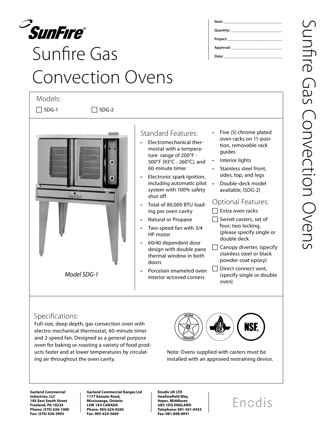 Sunfire SDG-2 specifications Convection Ovens, Sunfire Gas, Models, Standard Features, Optional Features, Specifications 