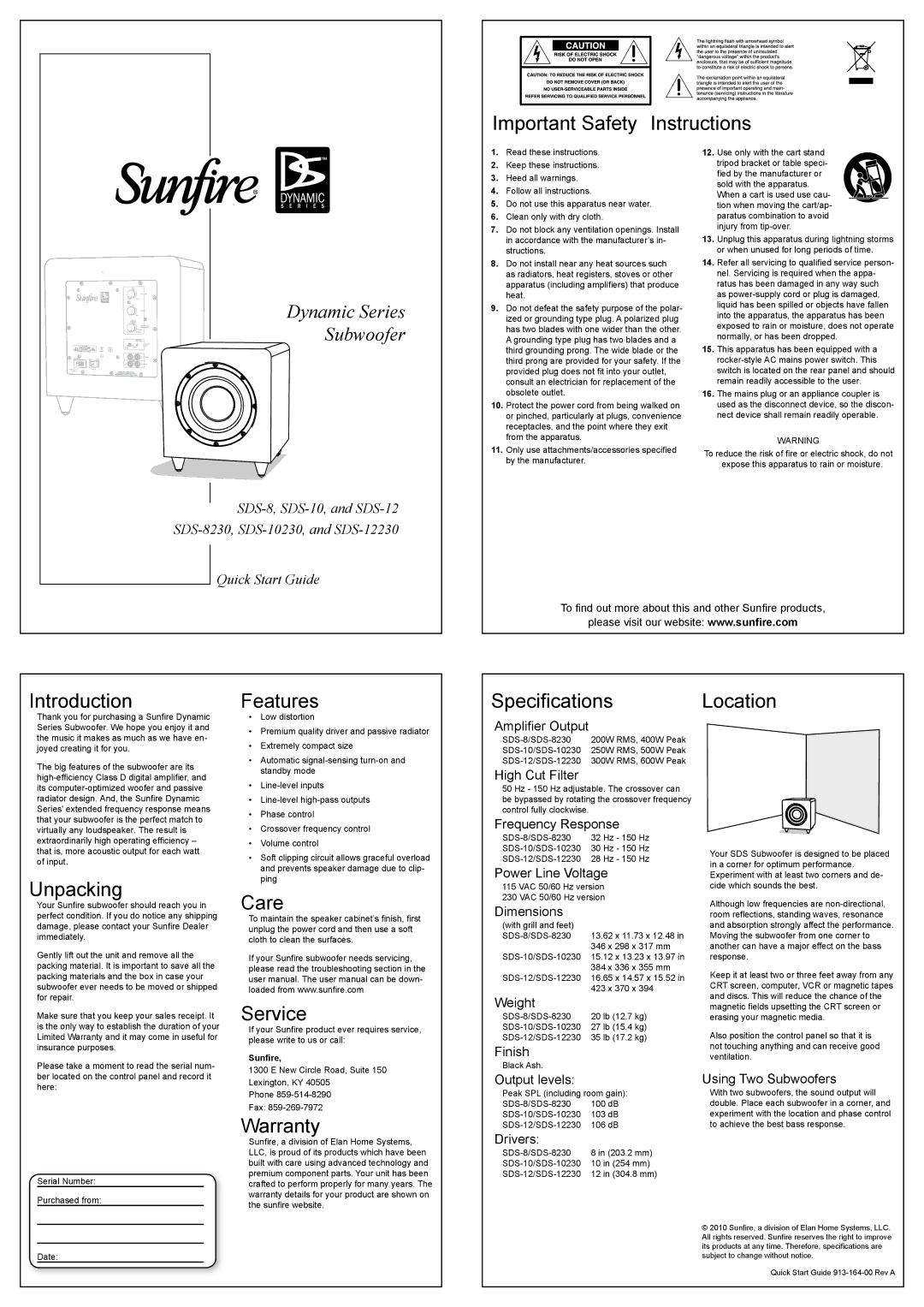 Sunfire SDS-10230, SDS8 warranty Important Safety Instructions, Introduction, Unpacking, Features, Care, Service, Warranty 