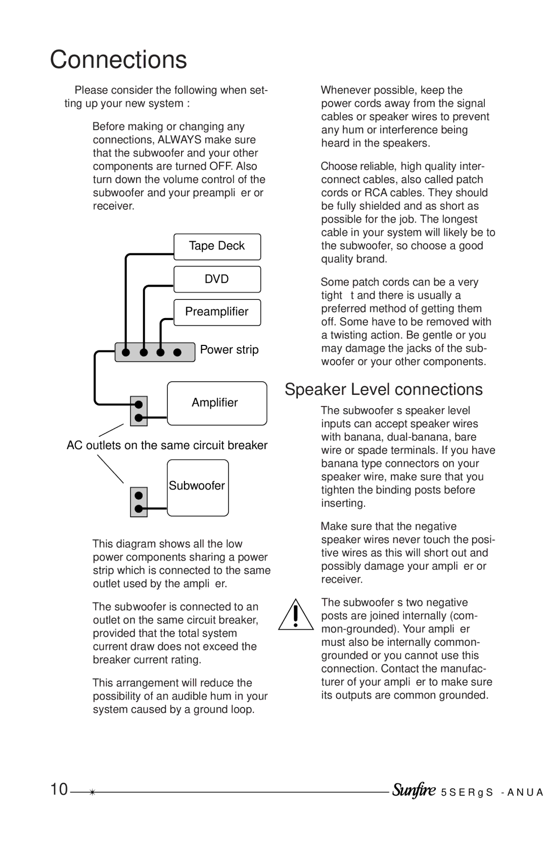 Sunfire Solitaire 10 user manual Connections, Speaker Level connections 