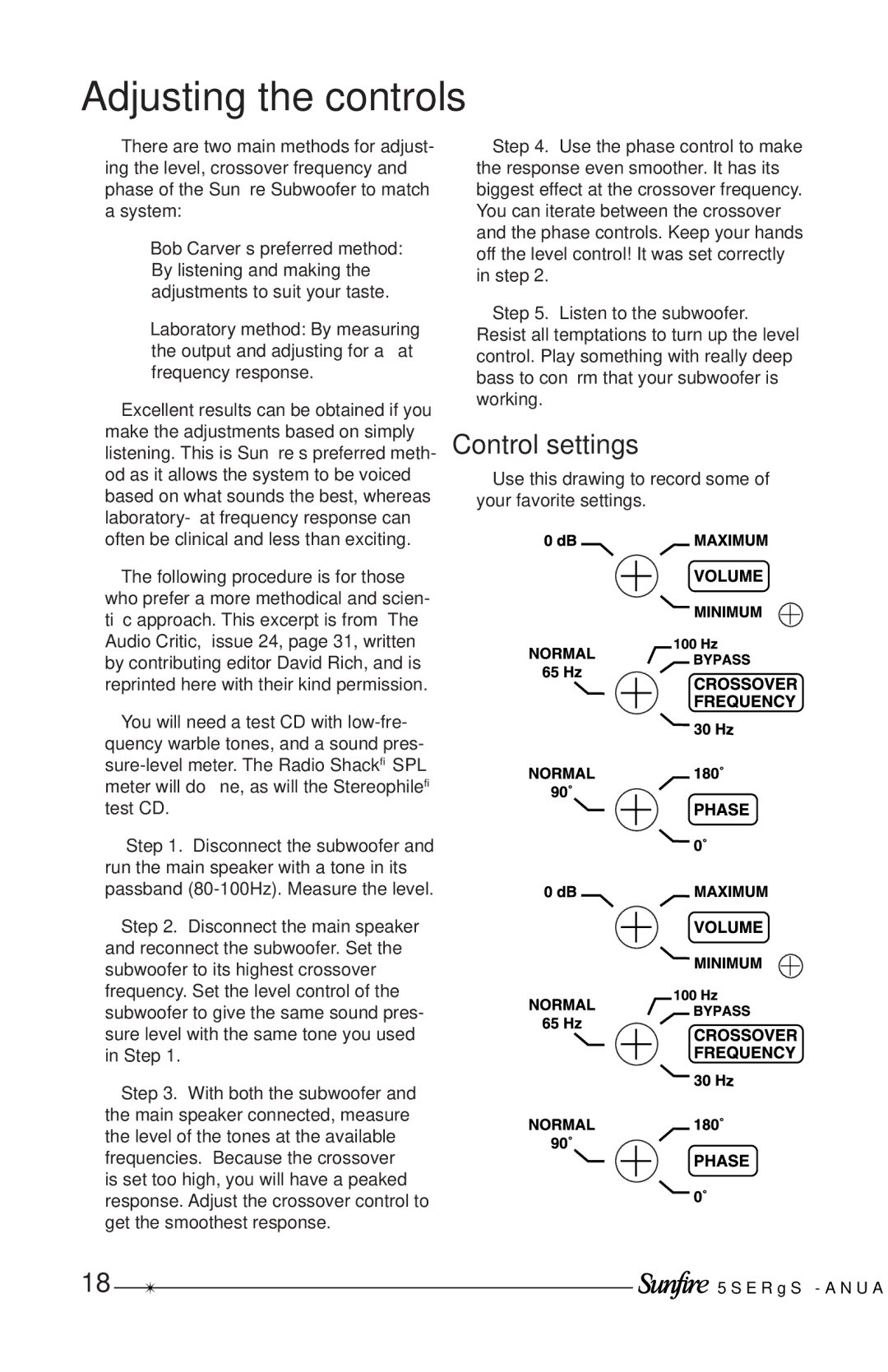 Sunfire Solitaire 10 user manual Adjusting the controls, Control settings 