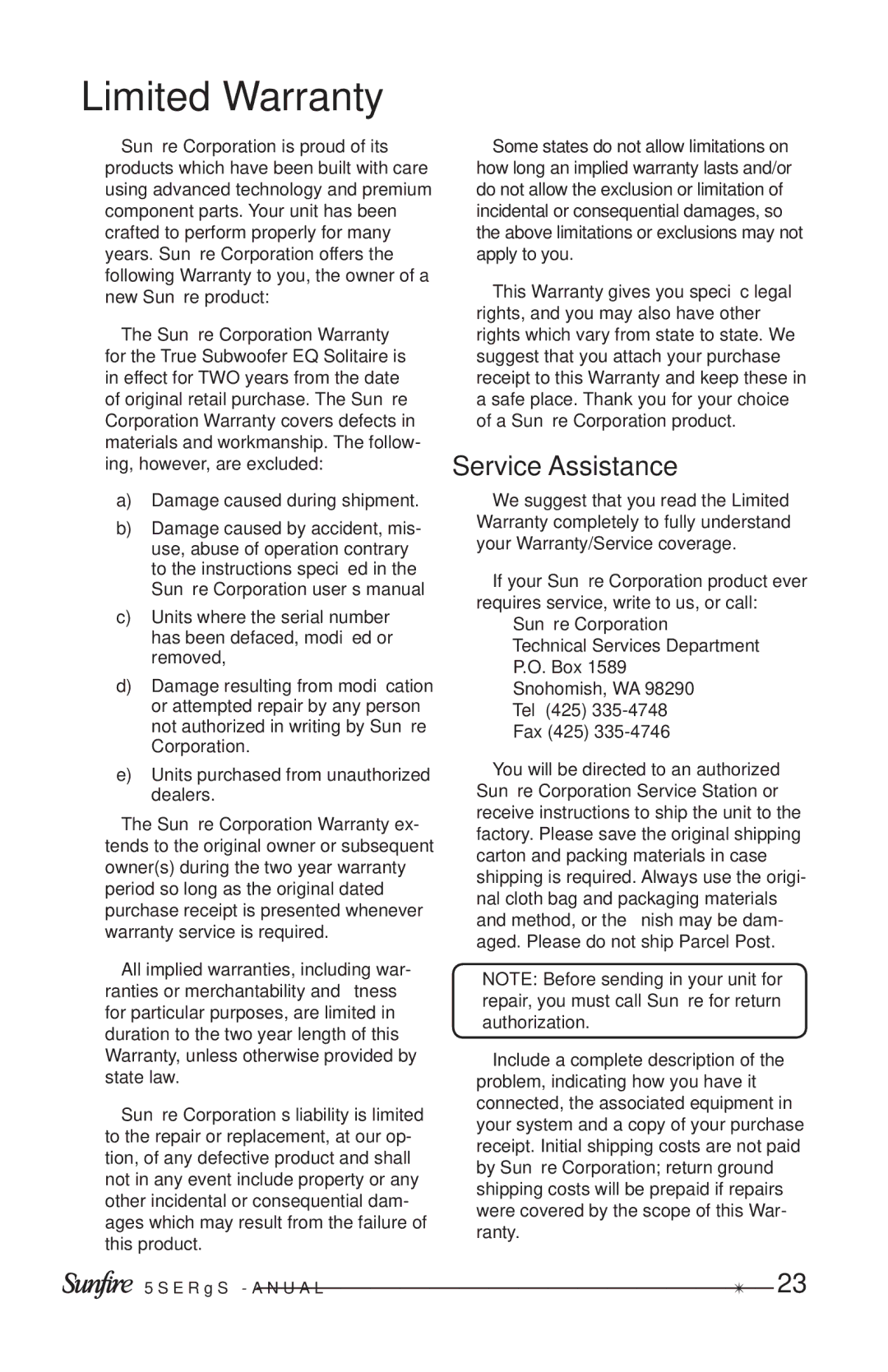 Sunfire Solitaire 10 user manual Limited Warranty, Service Assistance 