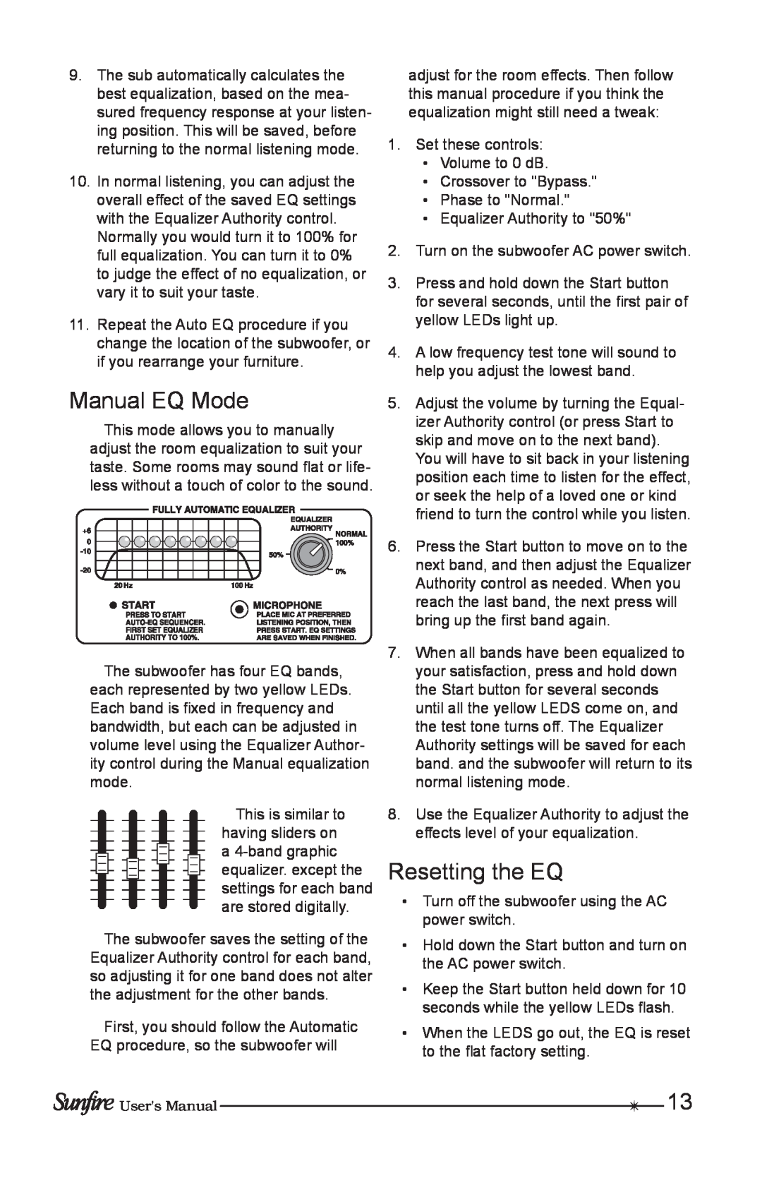Sunfire Solitaire 10 user manual Manual EQ Mode, Resetting the EQ 