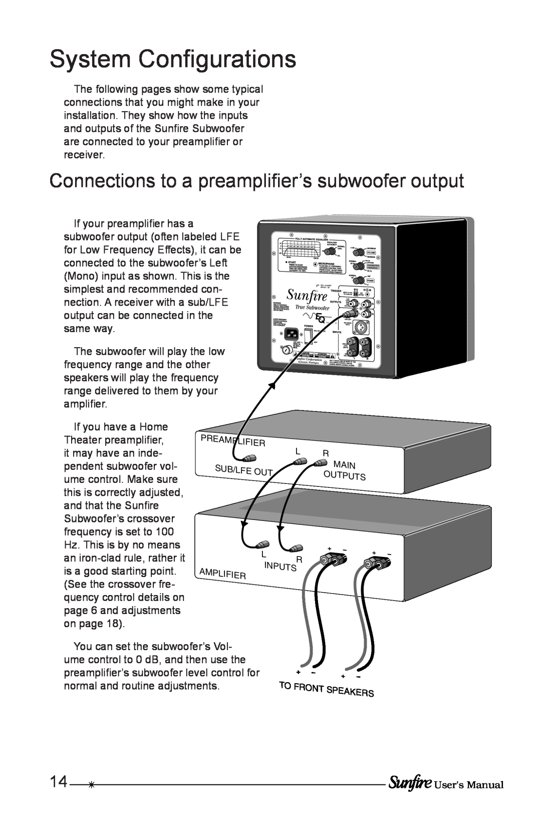 Sunfire Solitaire 10 user manual System Conﬁgurations, Connections to a preampliﬁer’s subwoofer output 