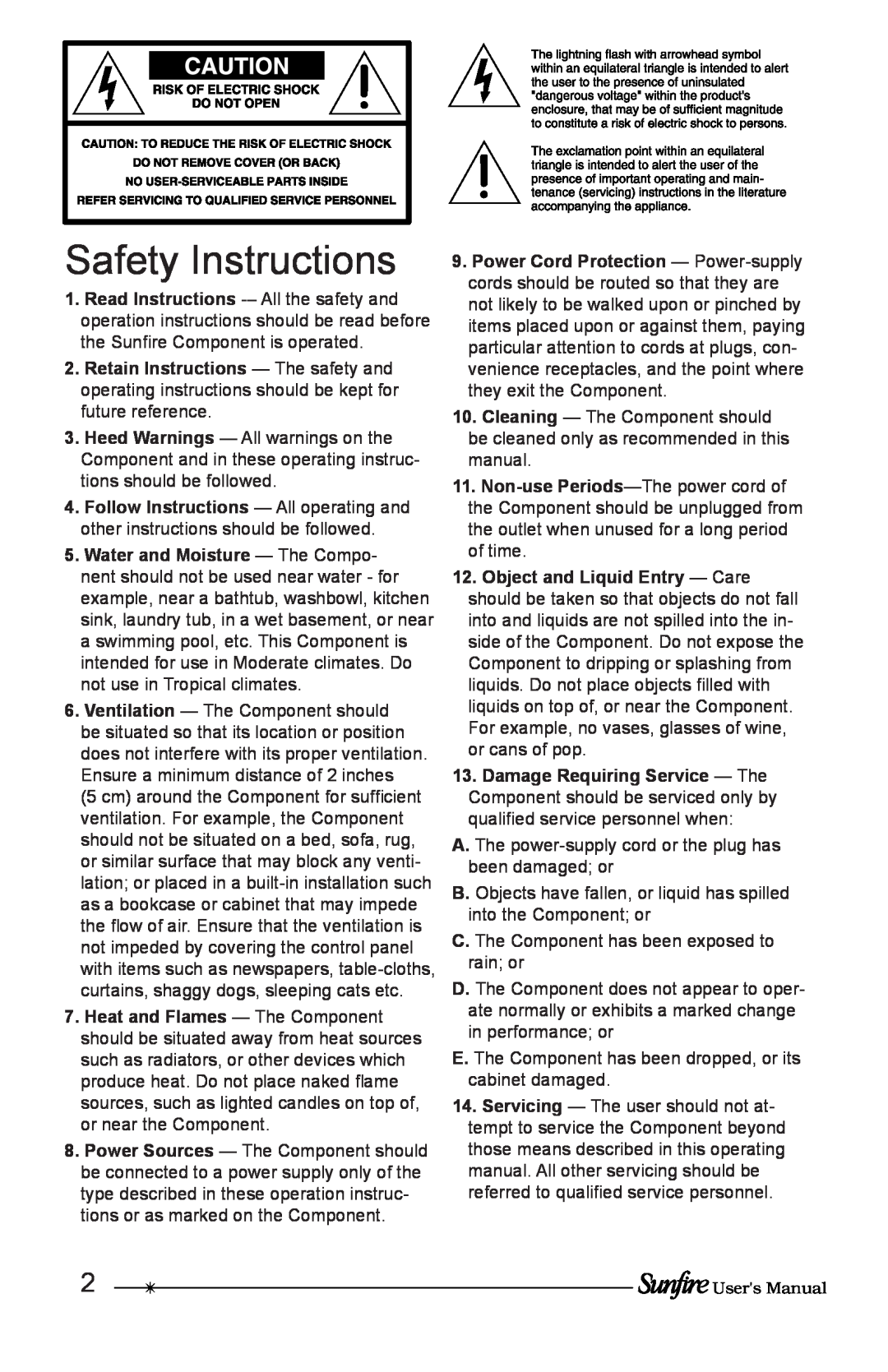 Sunfire Solitaire 10 user manual Safety Instructions 
