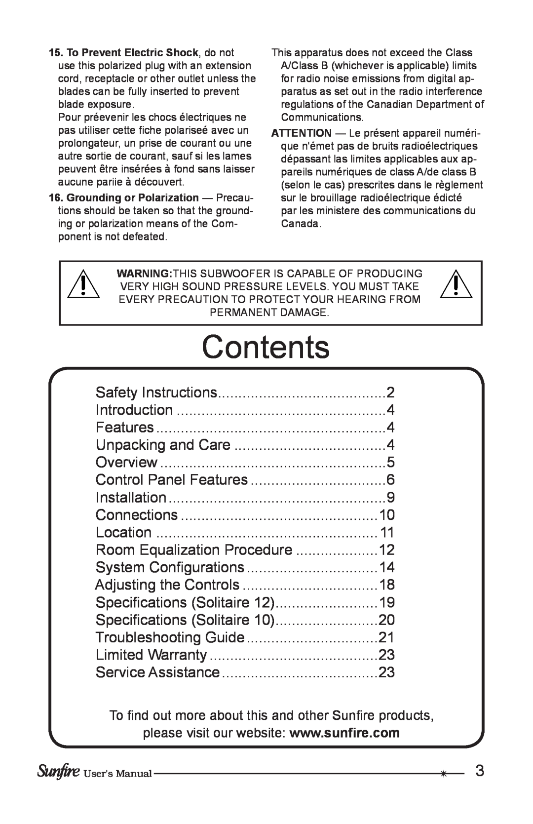 Sunfire Solitaire 10 user manual Contents 