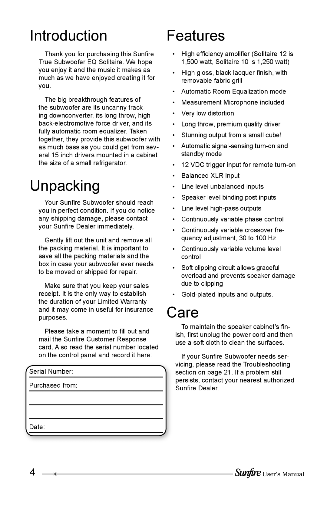 Sunfire Solitaire 10 user manual Introduction Features, Unpacking, Care 