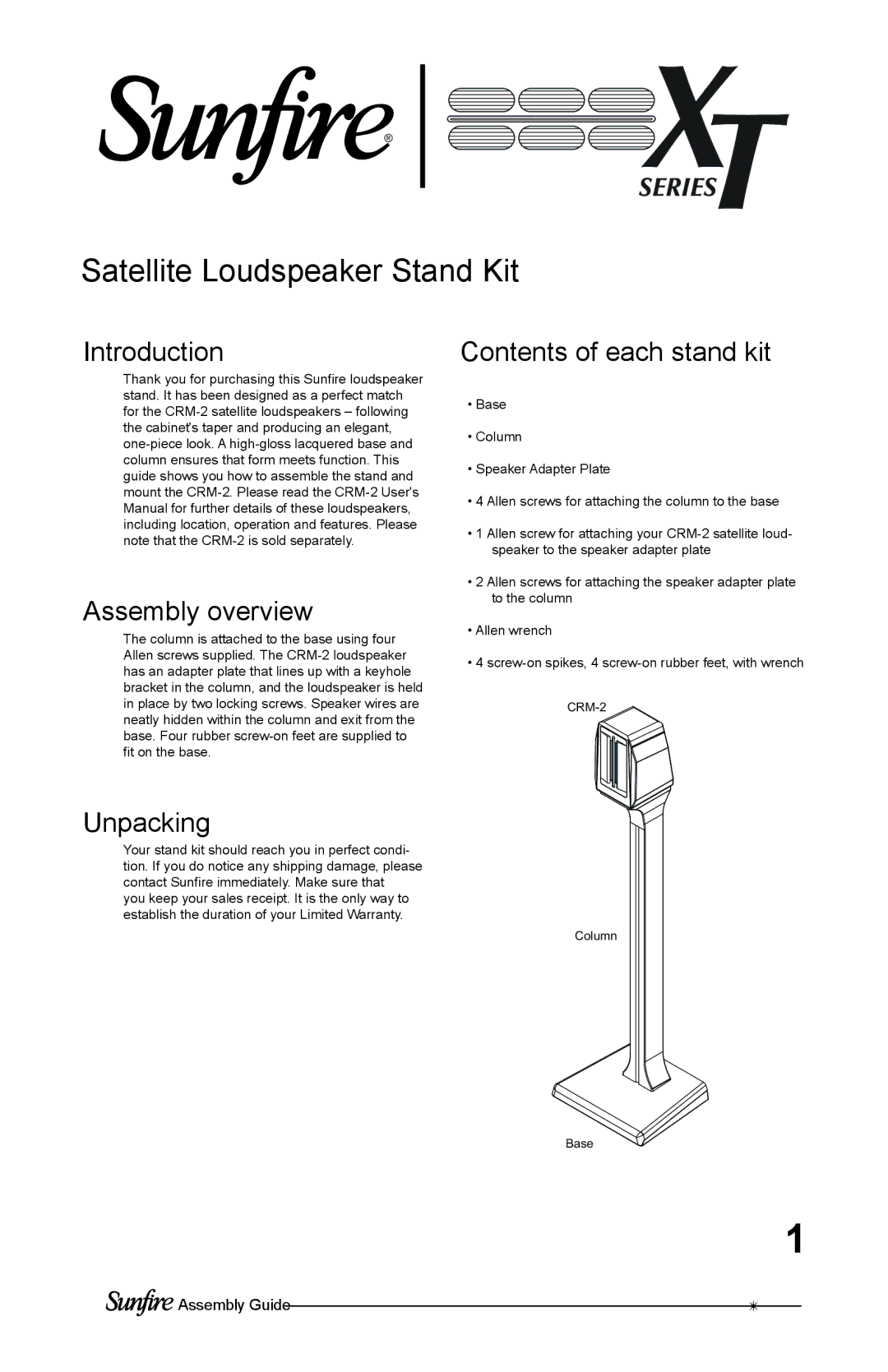 Sunfire Speaker user manual Satellite Loudspeaker Stand Kit, Introduction Assembly overview 