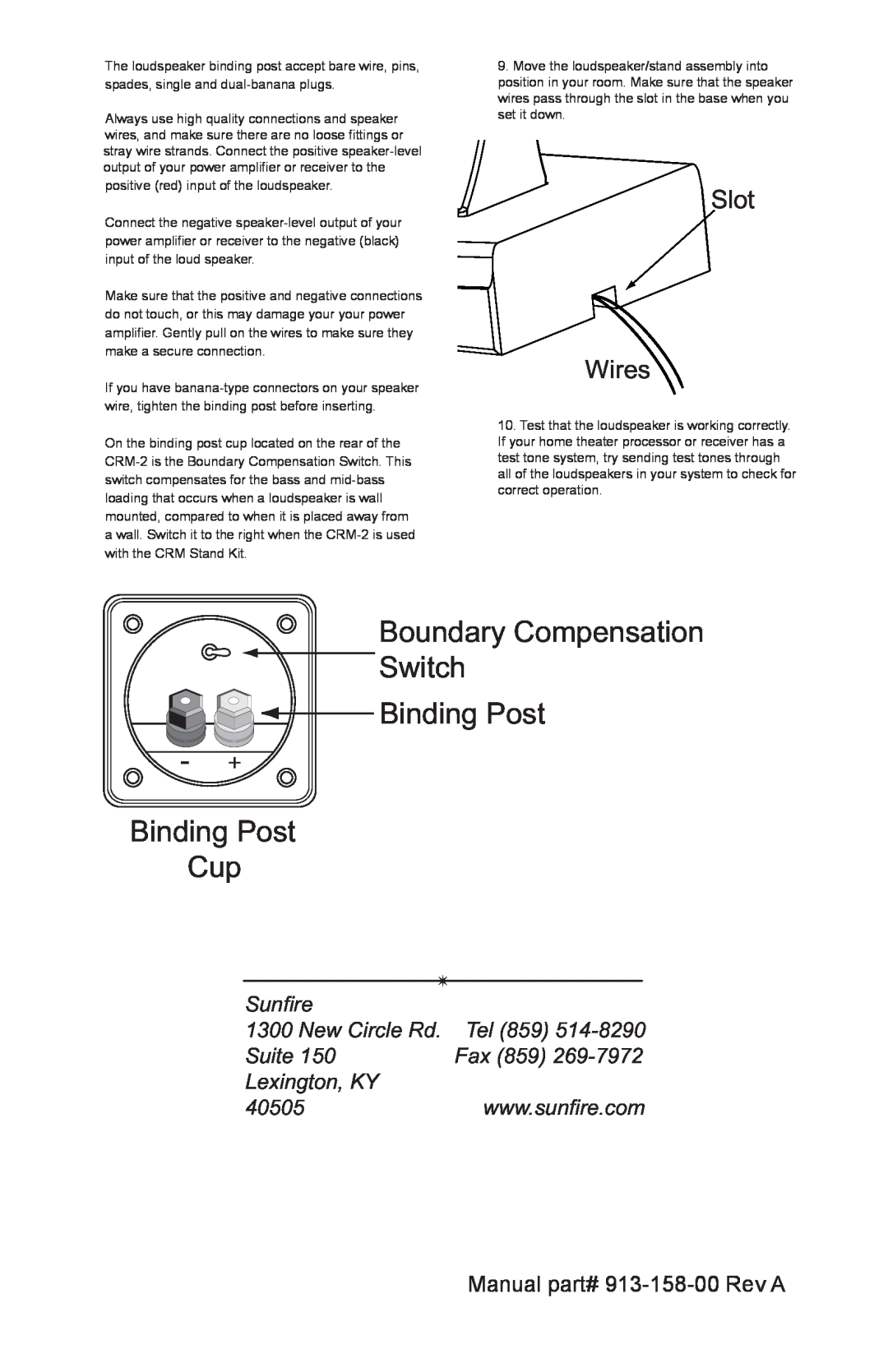 Sunfire Speaker Boundary Compensation Switch Binding Post, Binding Post Cup, Slot Wires, Sunfire 1300 New Circle Rd. Tel 