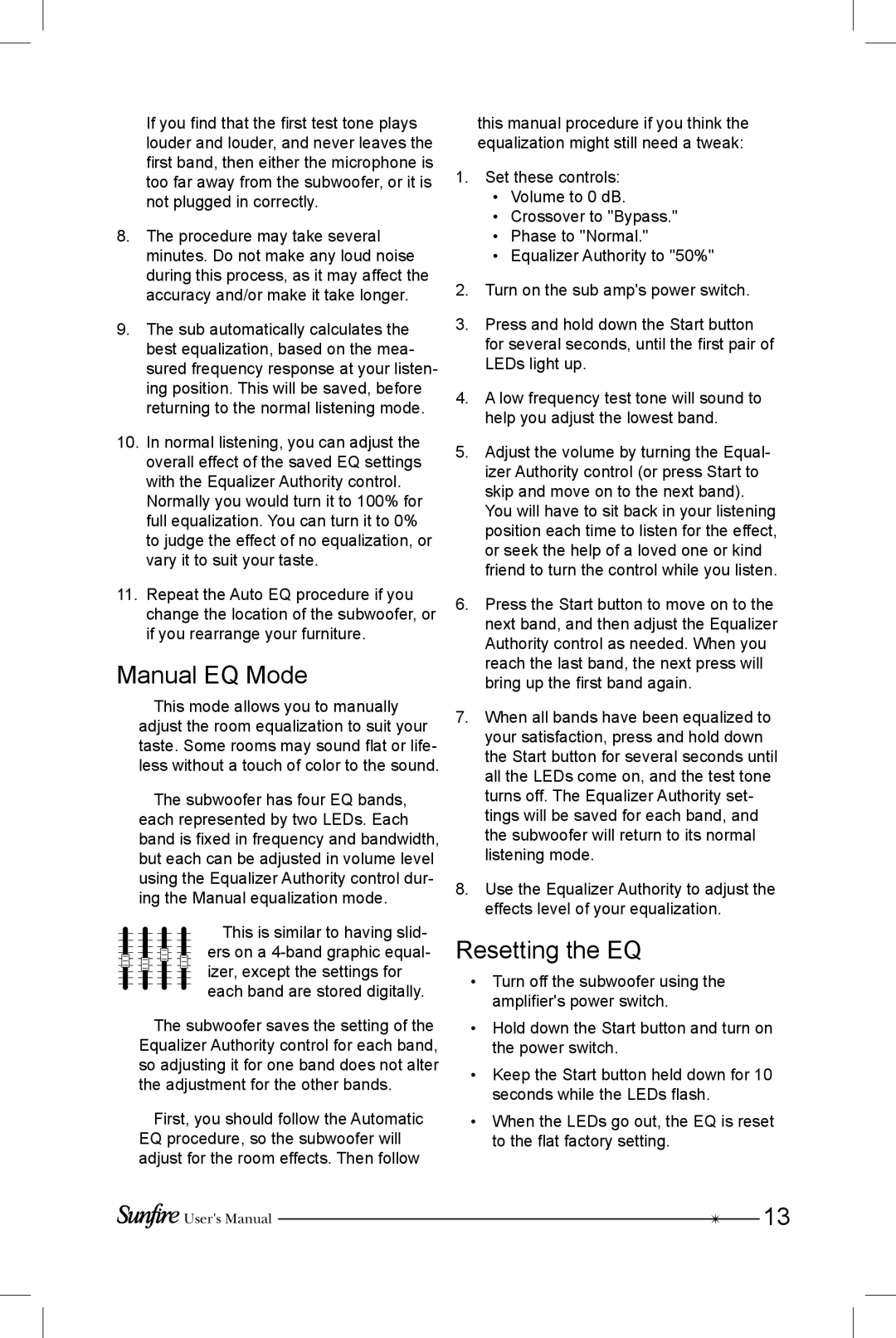 Sunfire SRS-210R manual Manual EQ Mode, Resetting the EQ 