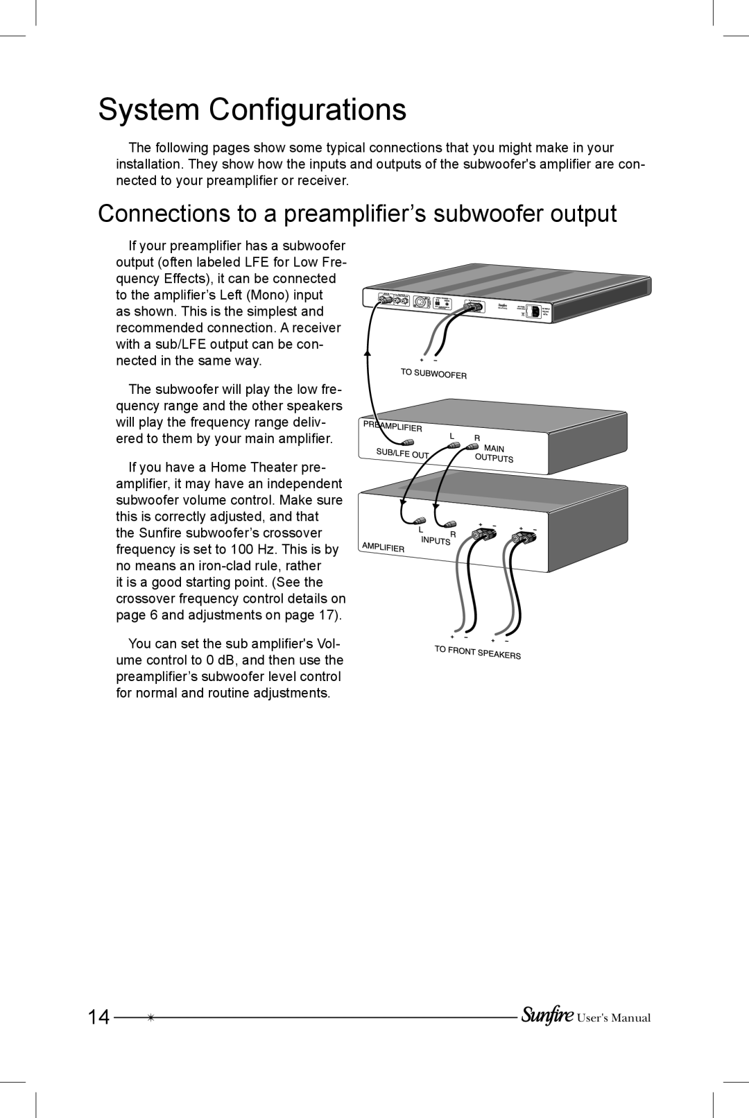 Sunfire SRS-210R manual System Configurations, Connections to a preamplifier’s subwoofer output 