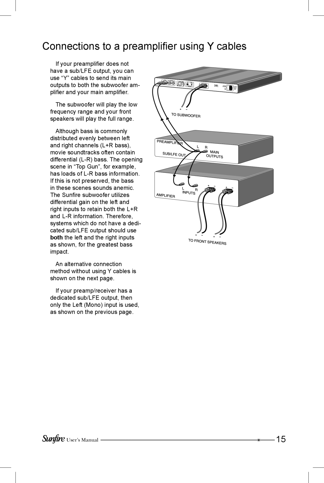 Sunfire SRS-210R manual Connections to a preamplifier using Y cables 