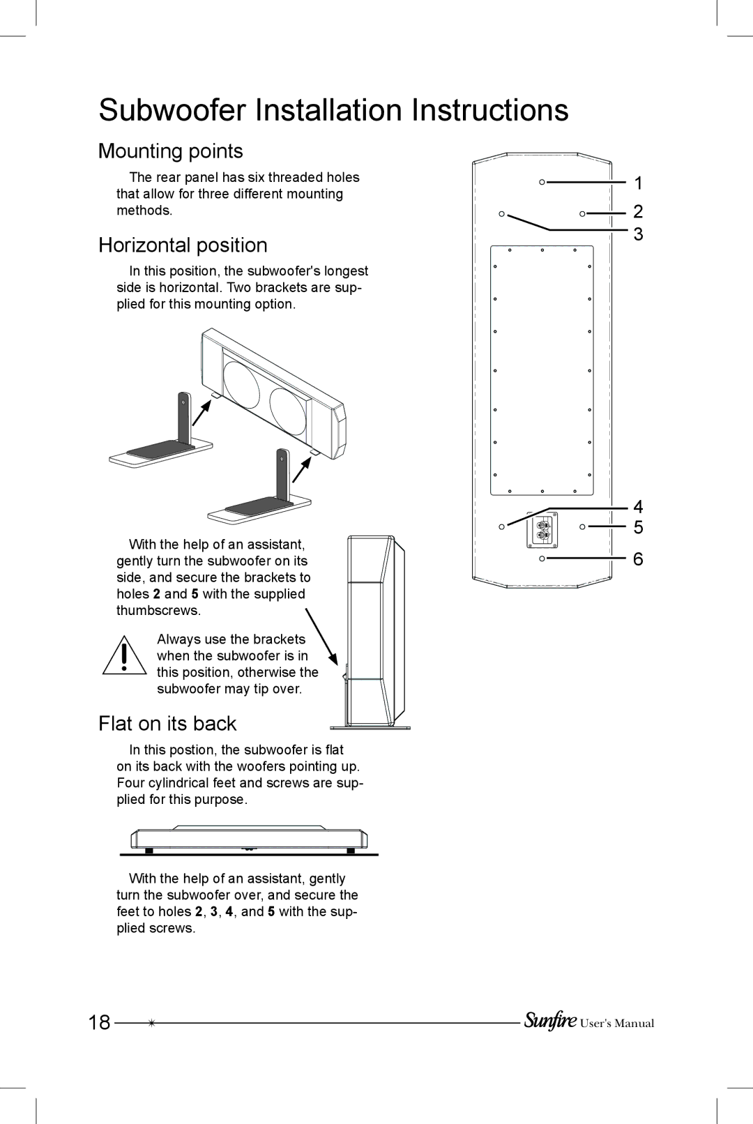 Sunfire SRS-210R manual Subwoofer Installation Instructions, Mounting points, Horizontal position, Flat on its back 